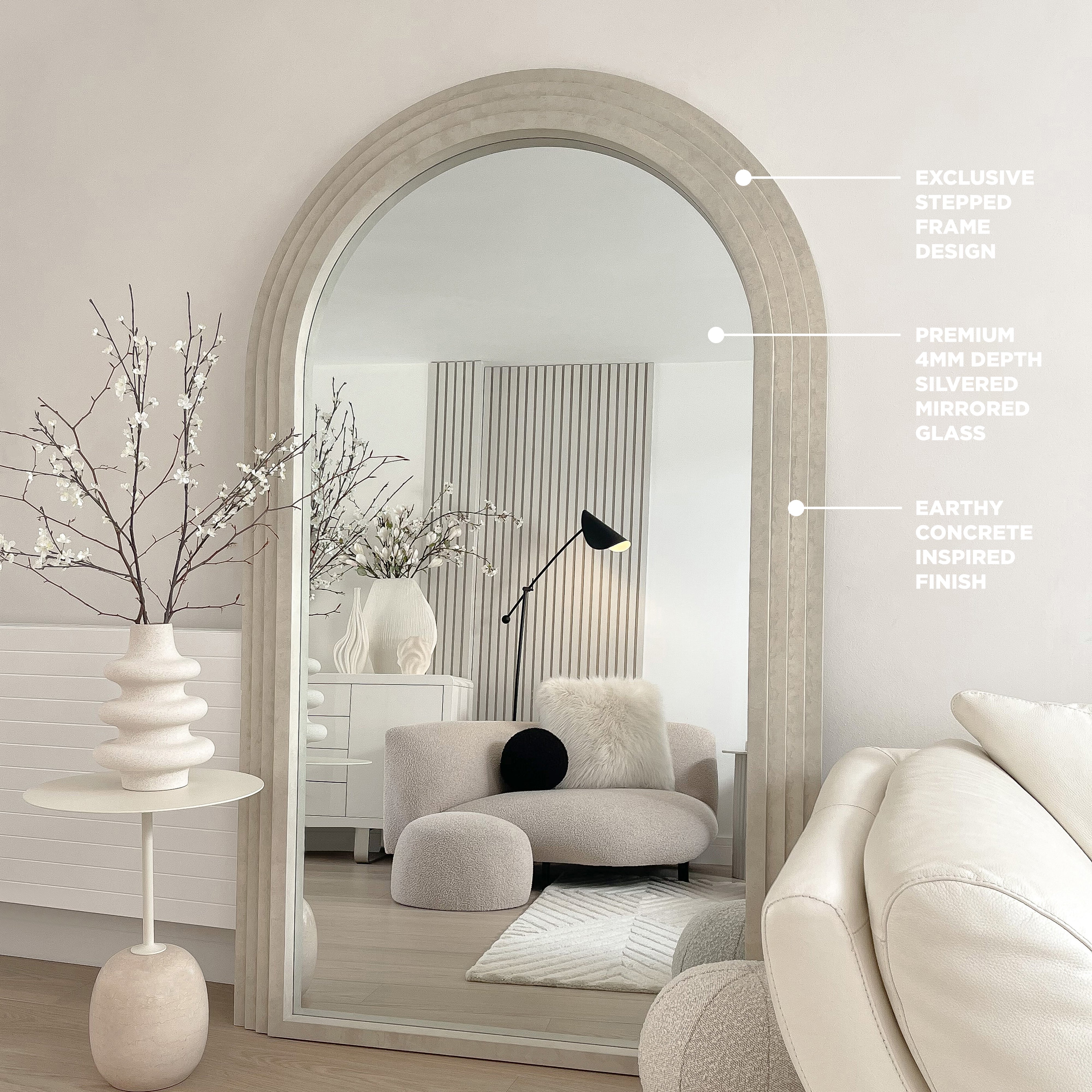 Luciana Mirror – Full-length mirror with curved design in concrete effect (180 cm x 110 cm)