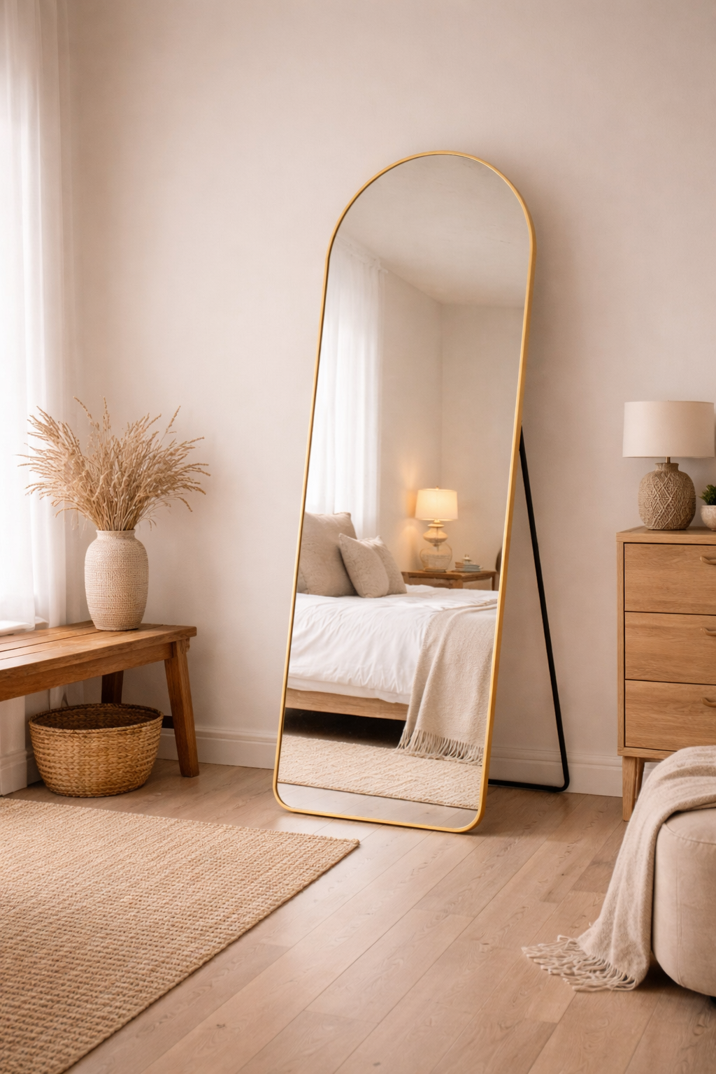 Pinterest Mirror – Full-length mirror with curved design and gold metal stand (170 cm x 70 cm | 9 kg)