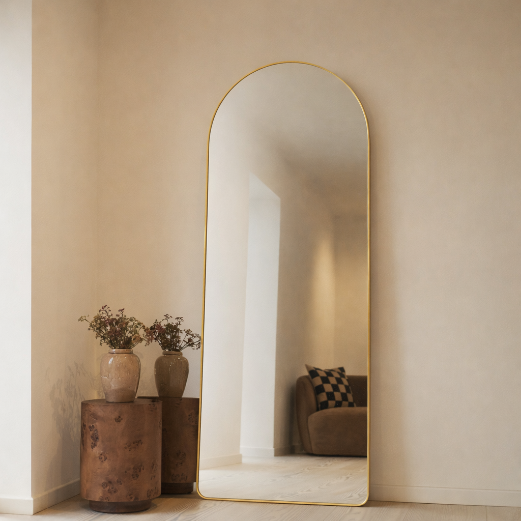 Pinterest Mirror – Full-length mirror with curved design and gold metal stand (170 cm x 70 cm | 9 kg)